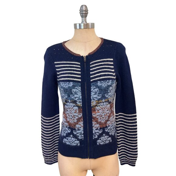 Anthropologie Sparrow Navy Zip Cardigan Sweater Floral & Striped Wool Mohair Sma - Picture 2 of 6